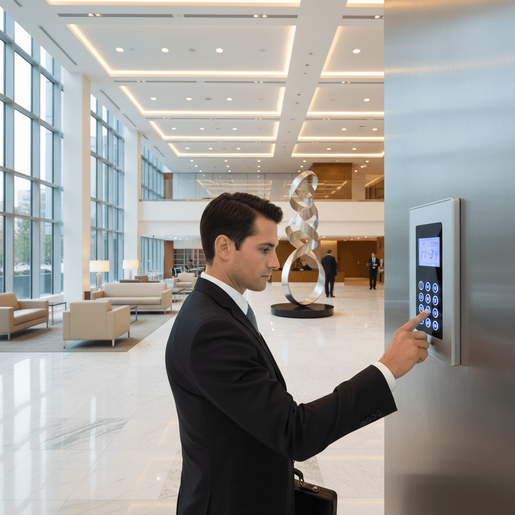 Person entering PIN into alarm keypad in bright lobby