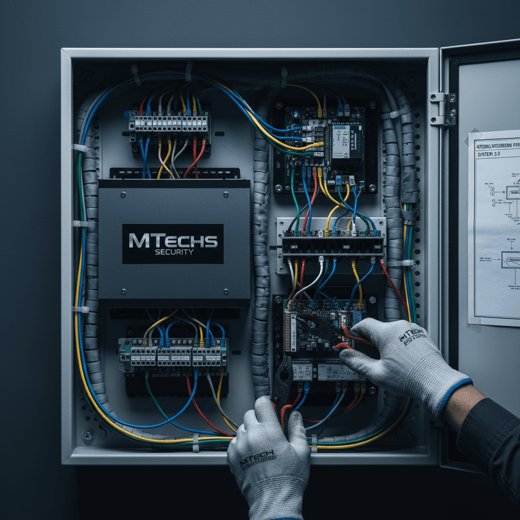 Security system integration technician working on unified control system