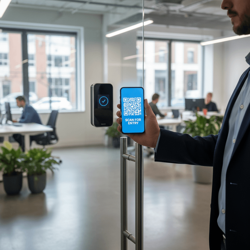 Person holding a smartphone near an access control reader
