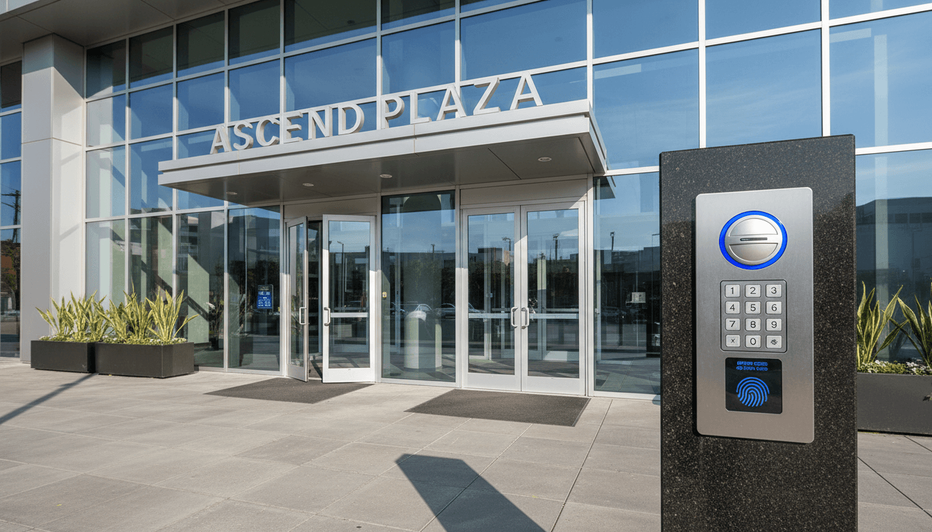 Commercial building entrance with an access control keypad and intercom