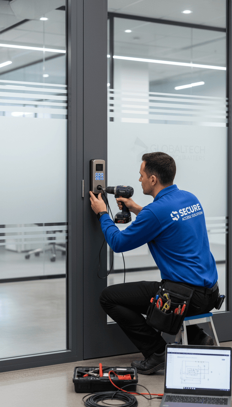 Technician installing an access control keypad at a commercial entry