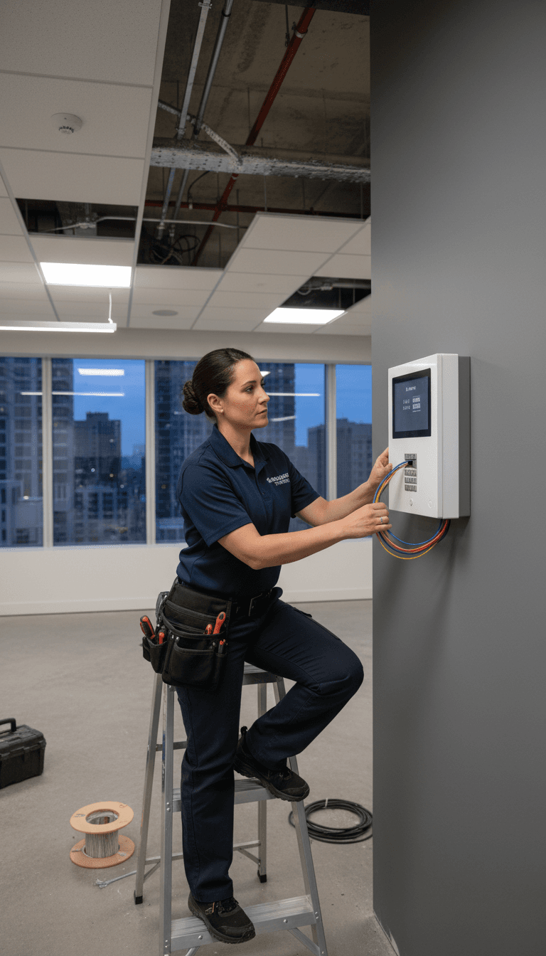 Security technician installing alarm system in commercial building