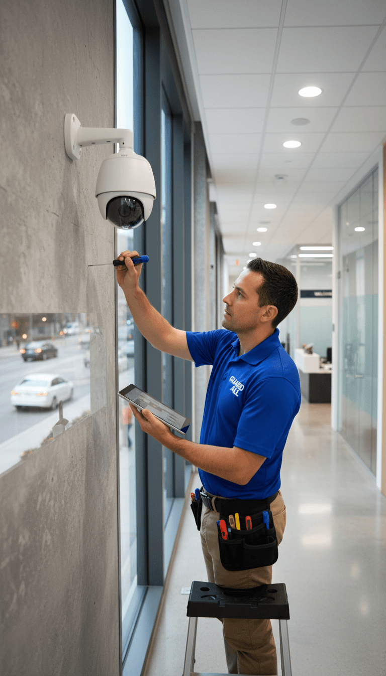 Security technician inspecting a wall mounted surveillance camera in a commercial building