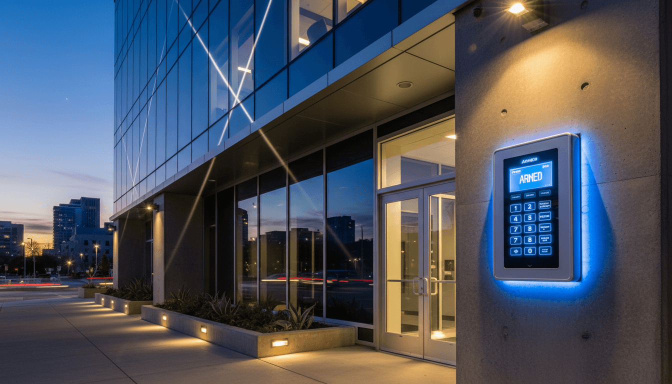 Modern commercial building exterior at dusk with a security alarm keypad mounted on the wall near the entrance