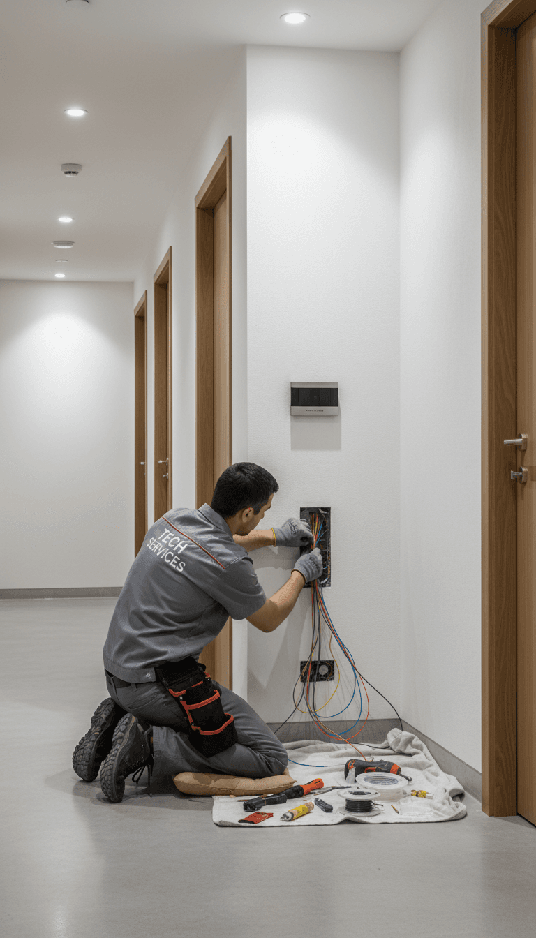 Technician installing intercom cabling in a modern building