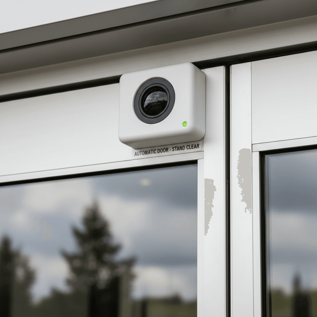 Close-up of security sensor on commercial glass entrance door