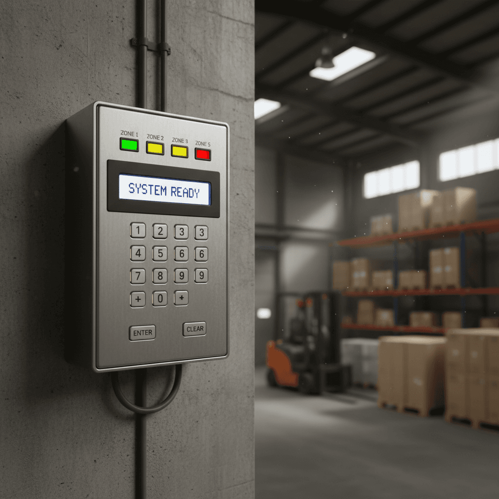 Security keypad with zone indicator lights on wall in warehouse