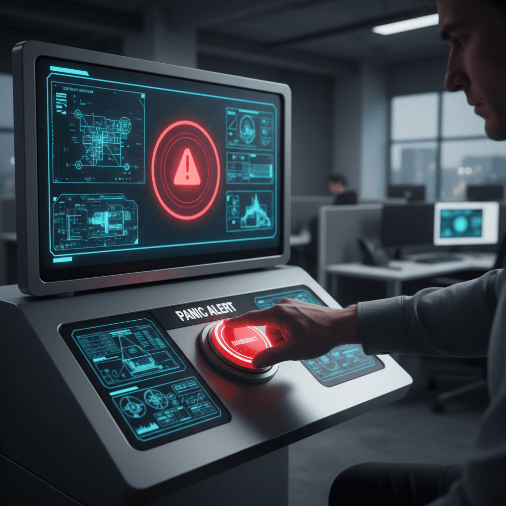 Person pressing red panic button on security console in office