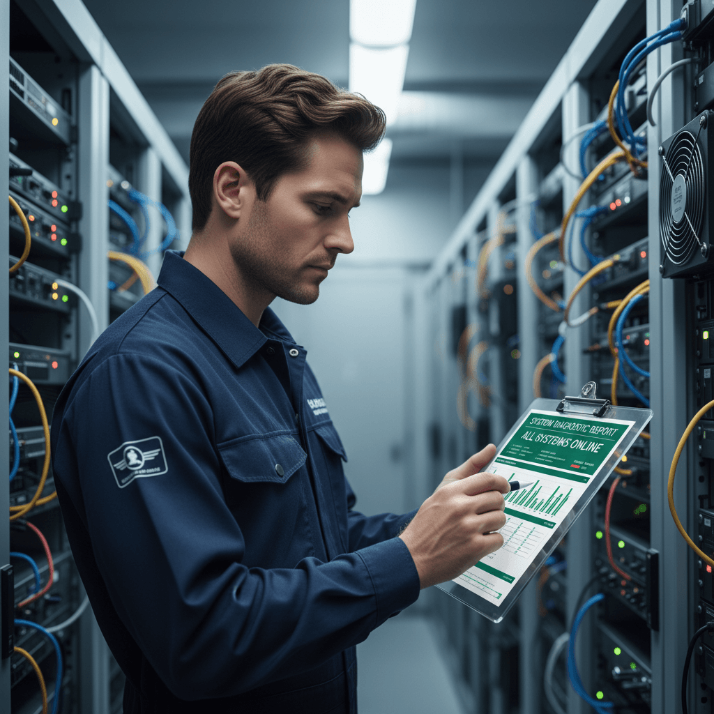Security technician reviewing a system report on a clipboard
