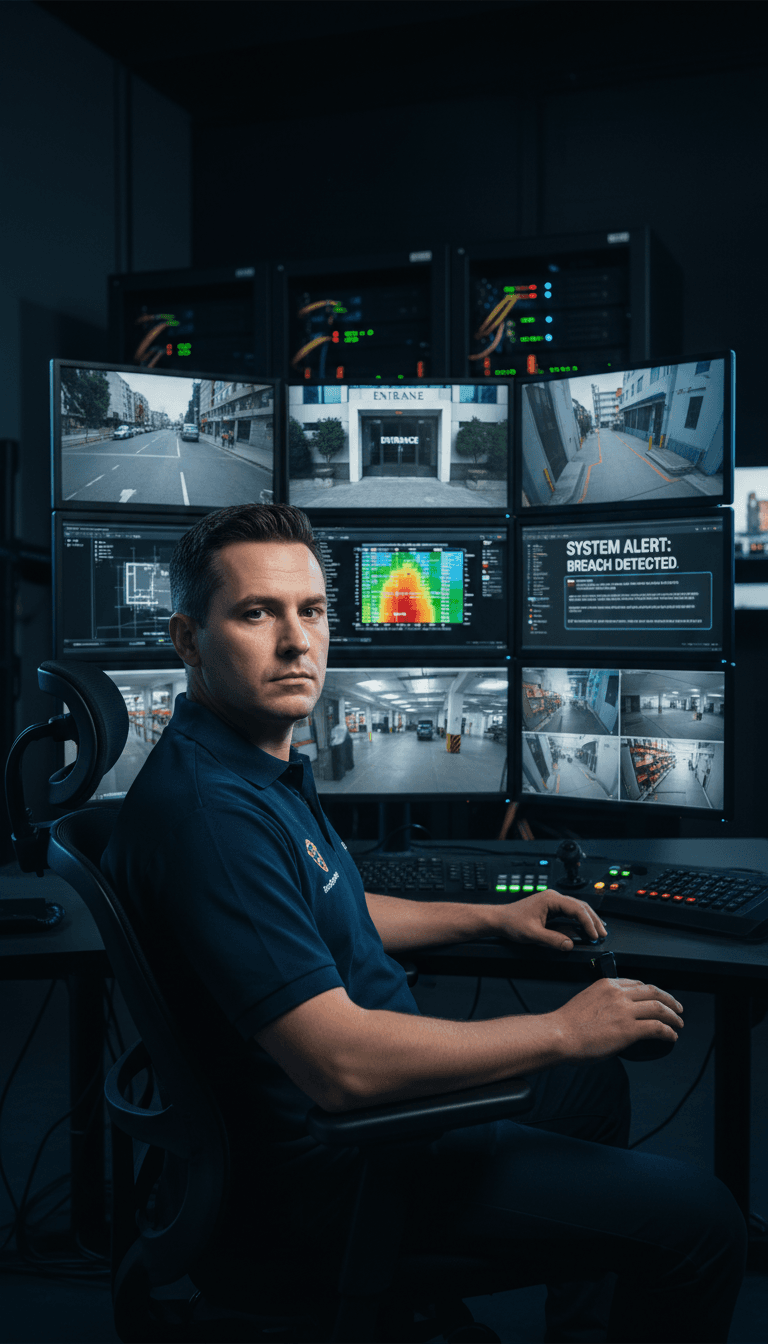 Security operator monitoring alarm signals in a control room