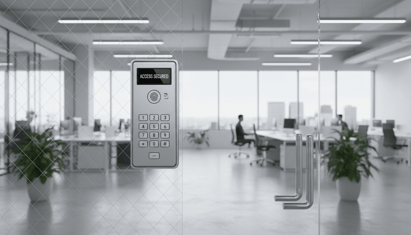 Modern commercial access control keypad on a glass office door