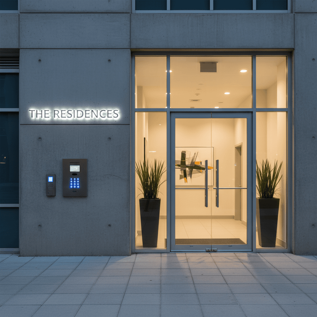 Modern apartment building entrance with intercom system and secure glass doors