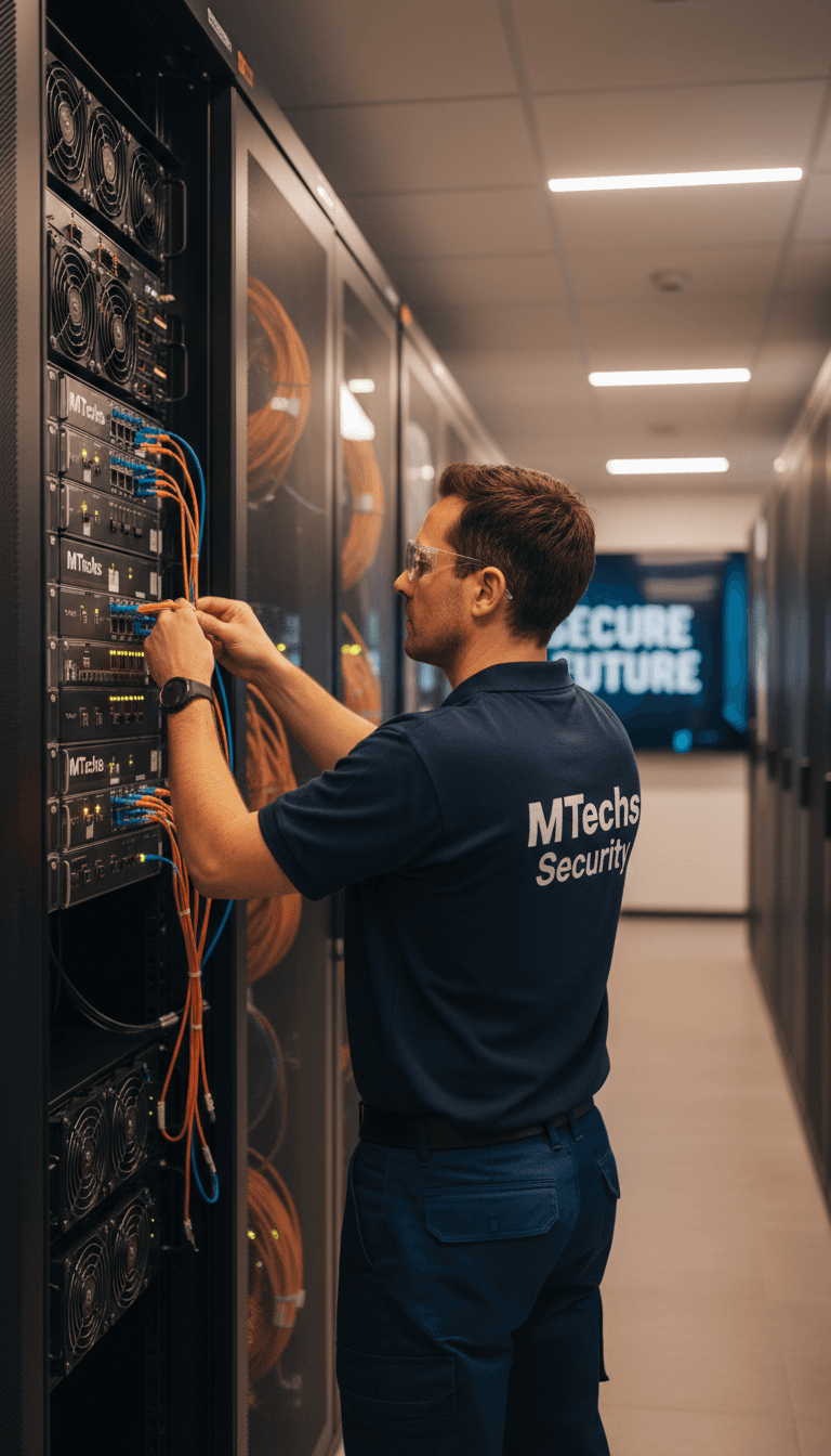 Technician connecting fiber optic cables to security network panel