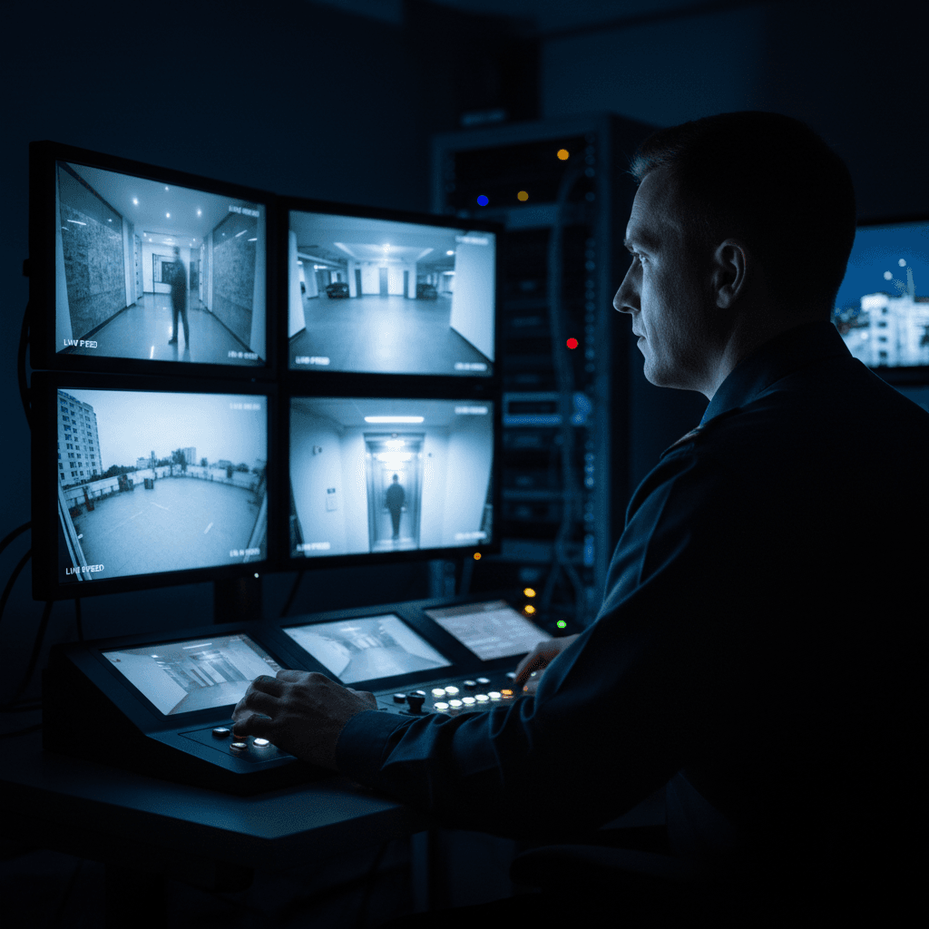 Security monitoring operator reviewing multiple live camera feeds