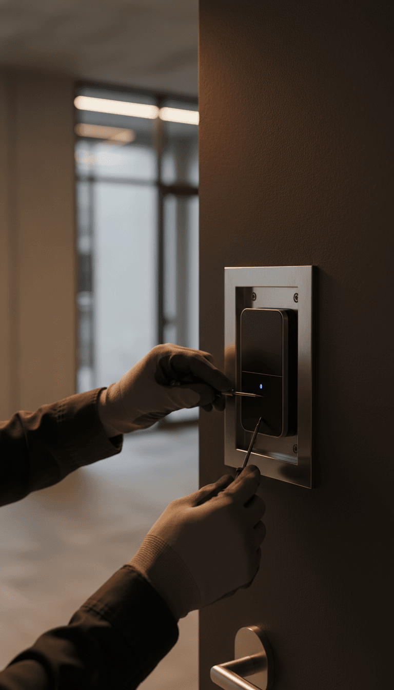Technician installing access control reader on apartment building door