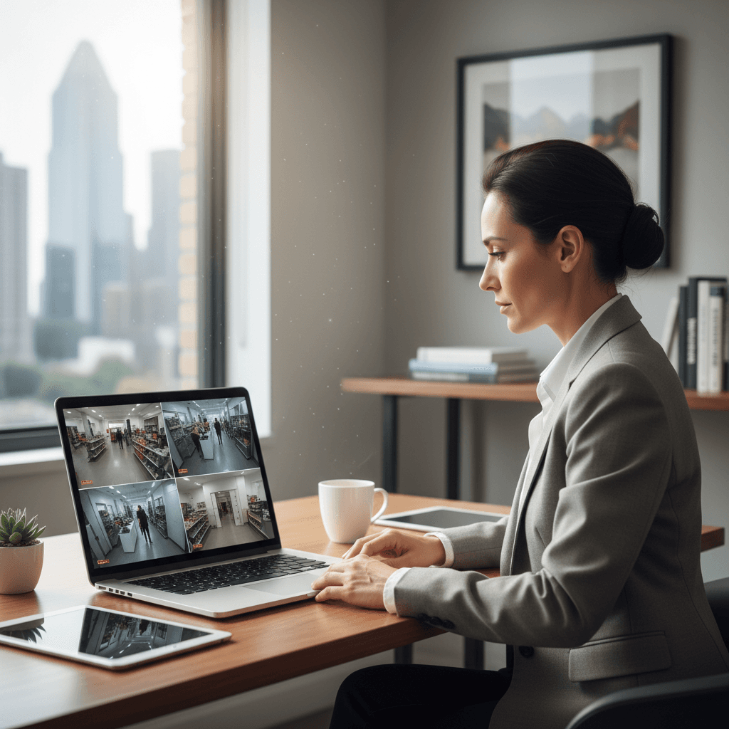 Business owner checking security camera footage on a laptop in a modern office