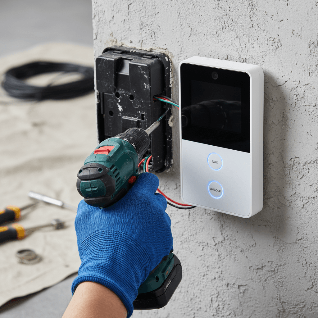 Close-up of a hand replacing an old intercom unit with a new modern one