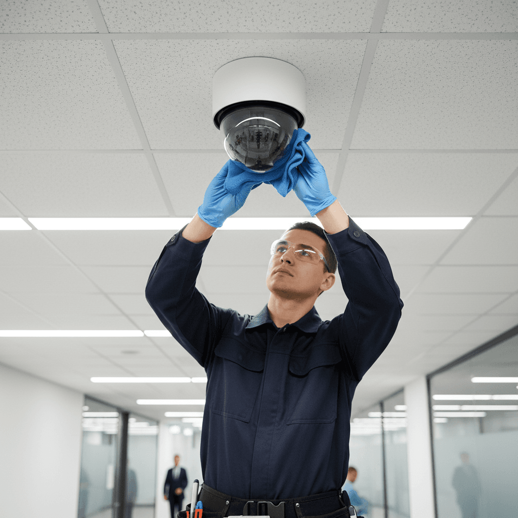 Technician cleaning a dome camera lens on a ceiling
