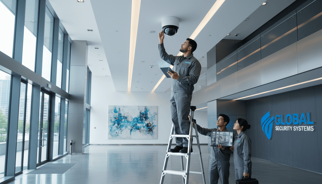 Security technician inspecting a modern CCTV camera installation in a commercial building