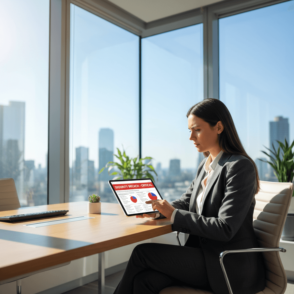 Business person reviewing a security incident report on a tablet in a bright office