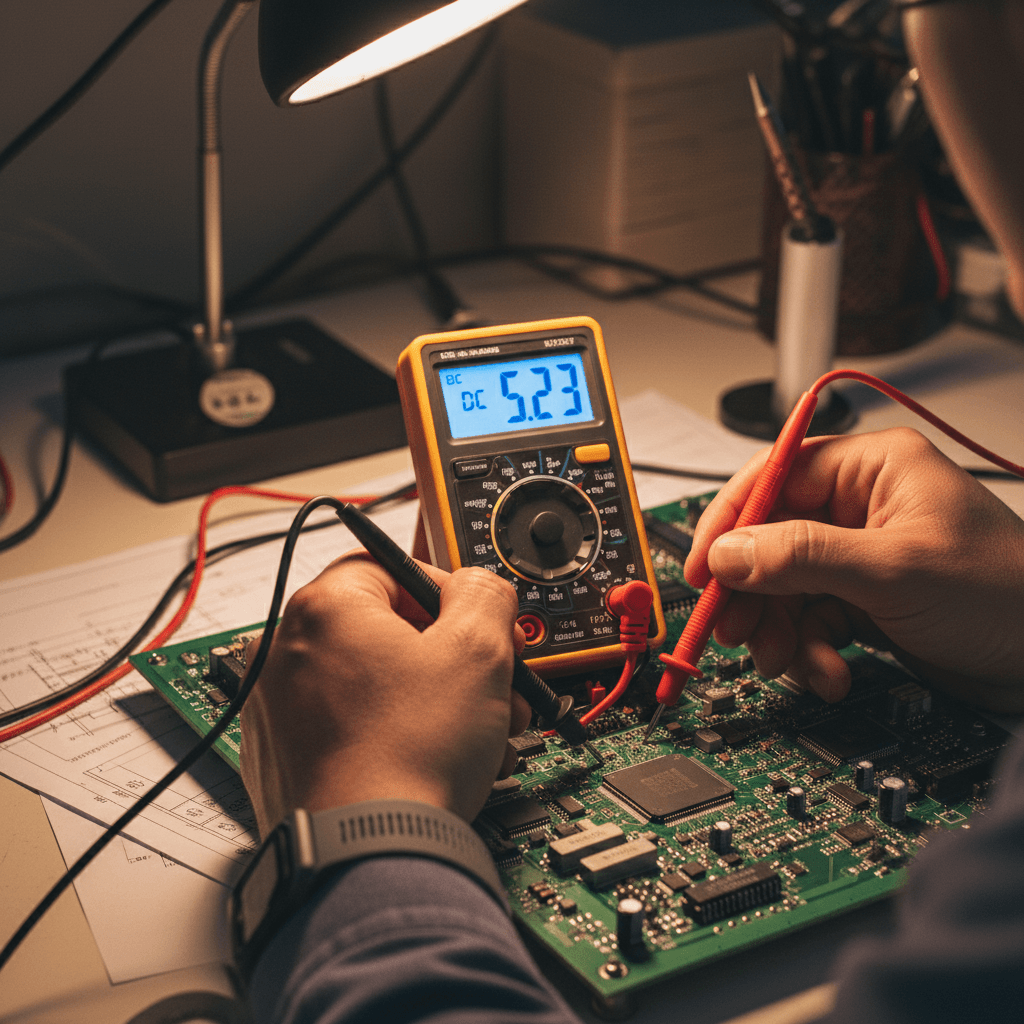 Engineer testing a security system control panel with a multimeter