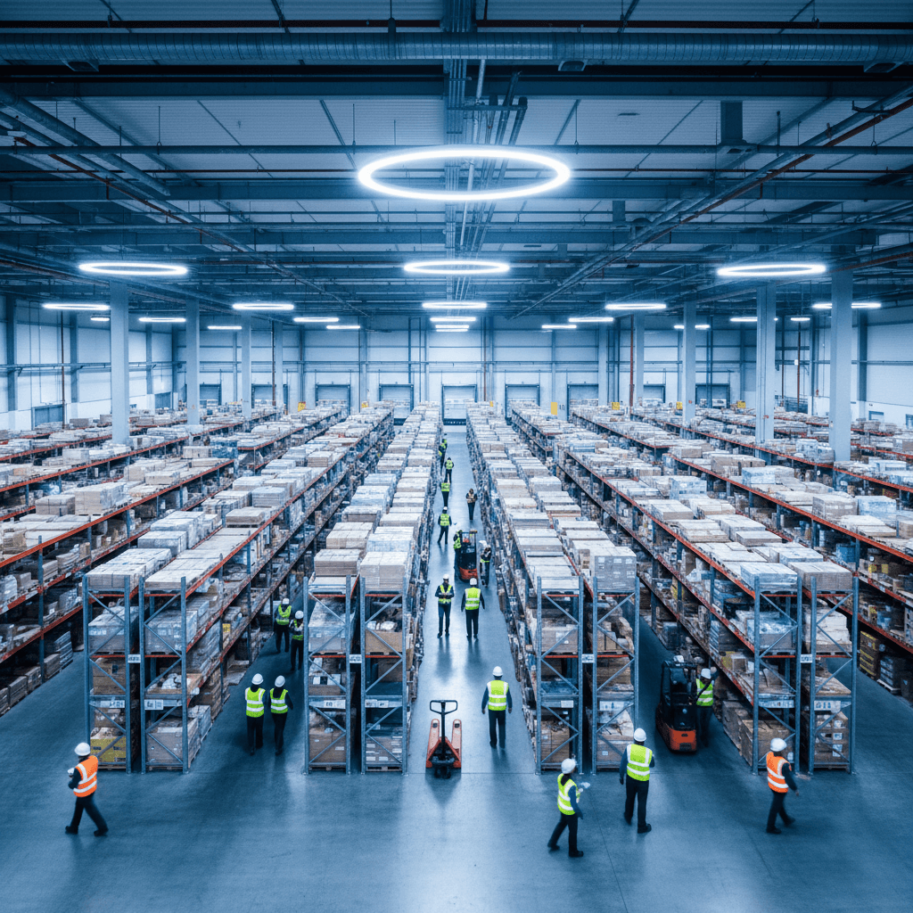 Warehouse workers wearing PPE safety equipment during daily operations