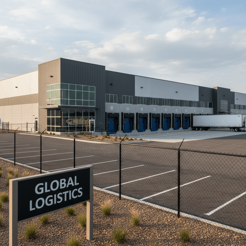 Modern warehouse exterior with loading docks and security cameras