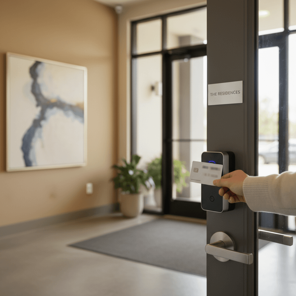 Resident using card access reader at apartment entrance