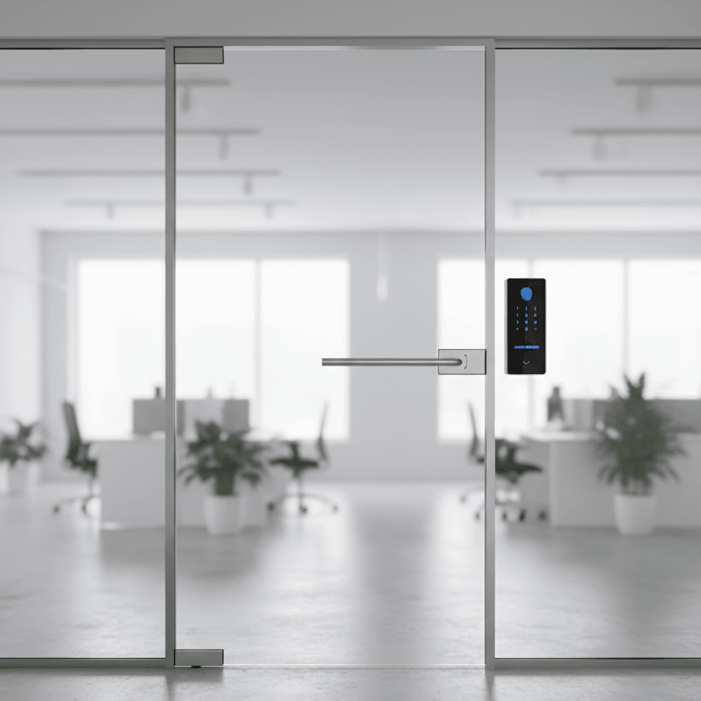 Modern commercial glass door with an electronic access lock