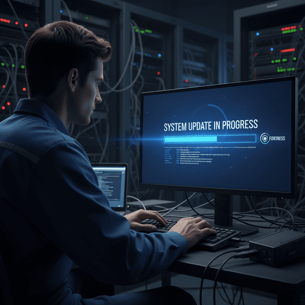 Technician updating software on a security system monitor
