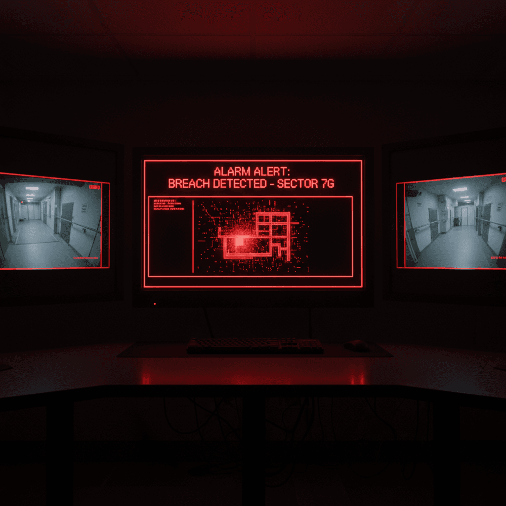Close-up of a security monitoring station screen with an active alarm alert