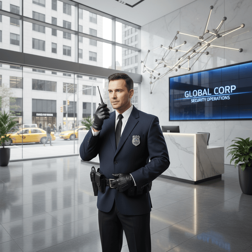 Professional security guard speaking on a radio in a modern office building lobby