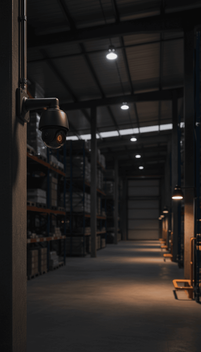 Security camera mounted in modern warehouse facility with industrial lighting