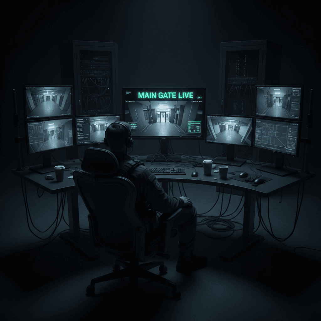 Security operator reviewing camera footage on multiple monitors in a dark control room