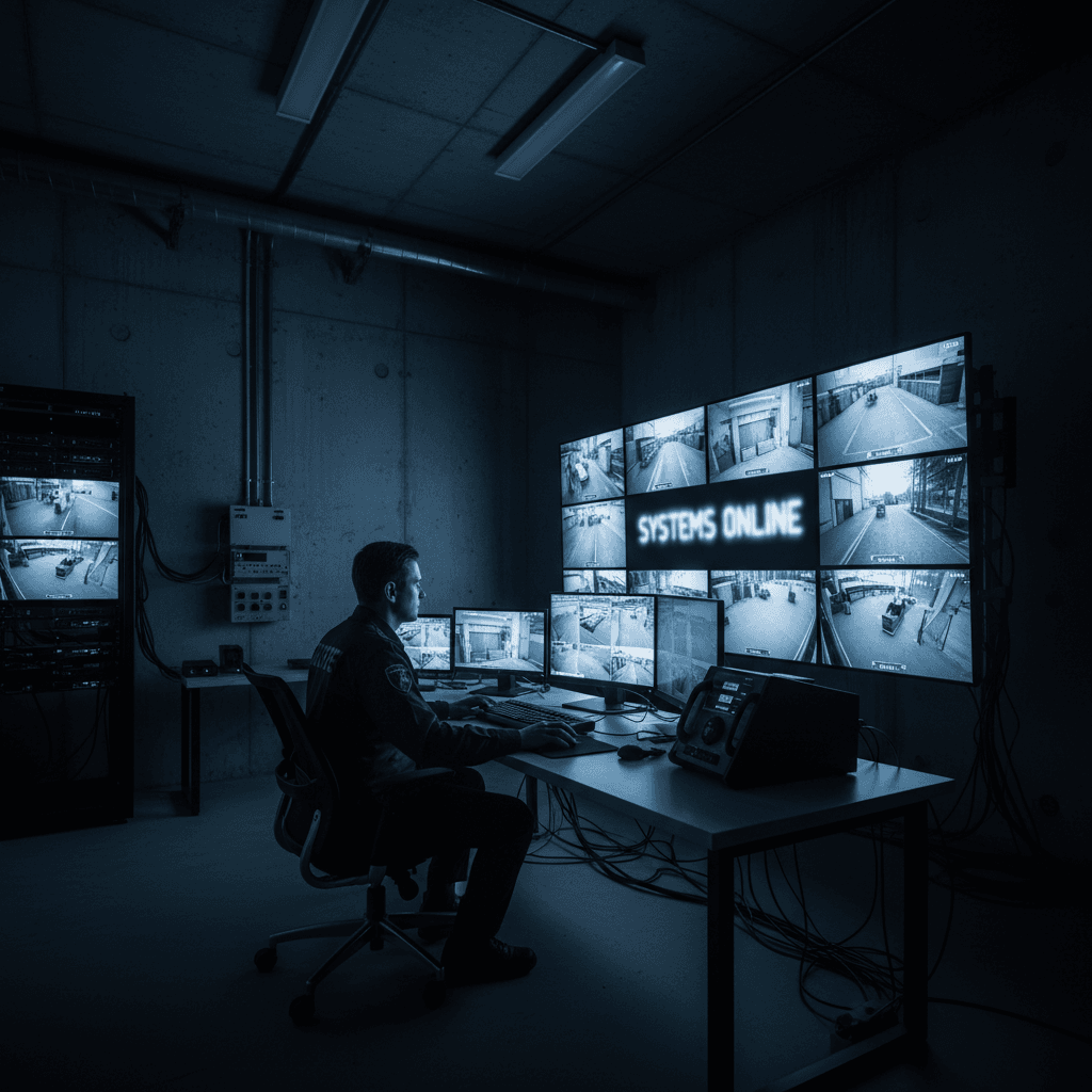 24/7 security monitoring control room operator at workstation