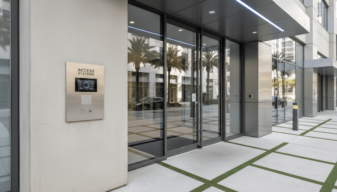 Modern intercom panel mounted beside a glass entrance door in a commercial building