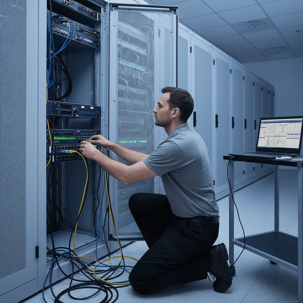 Engineer configuring network video recorder in a server rack