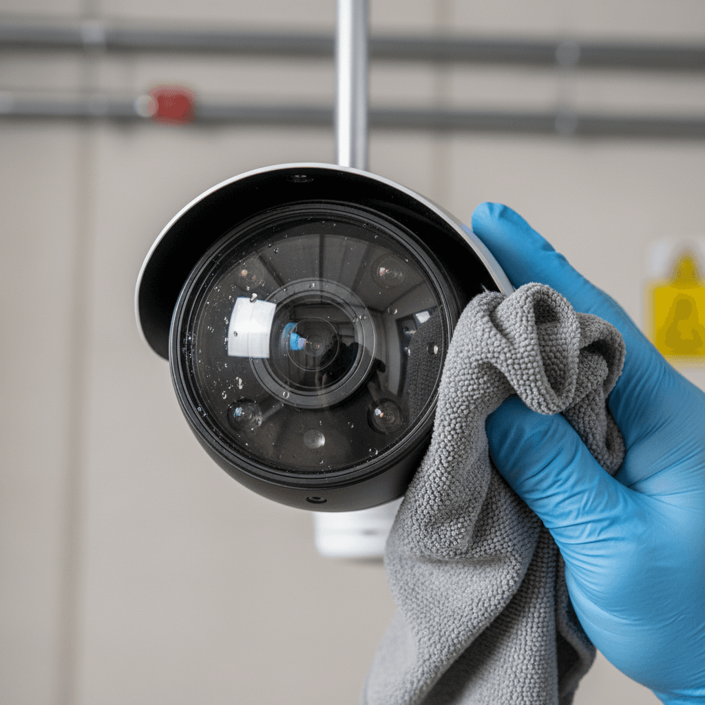Close-up of a security camera lens being cleaned by a technician