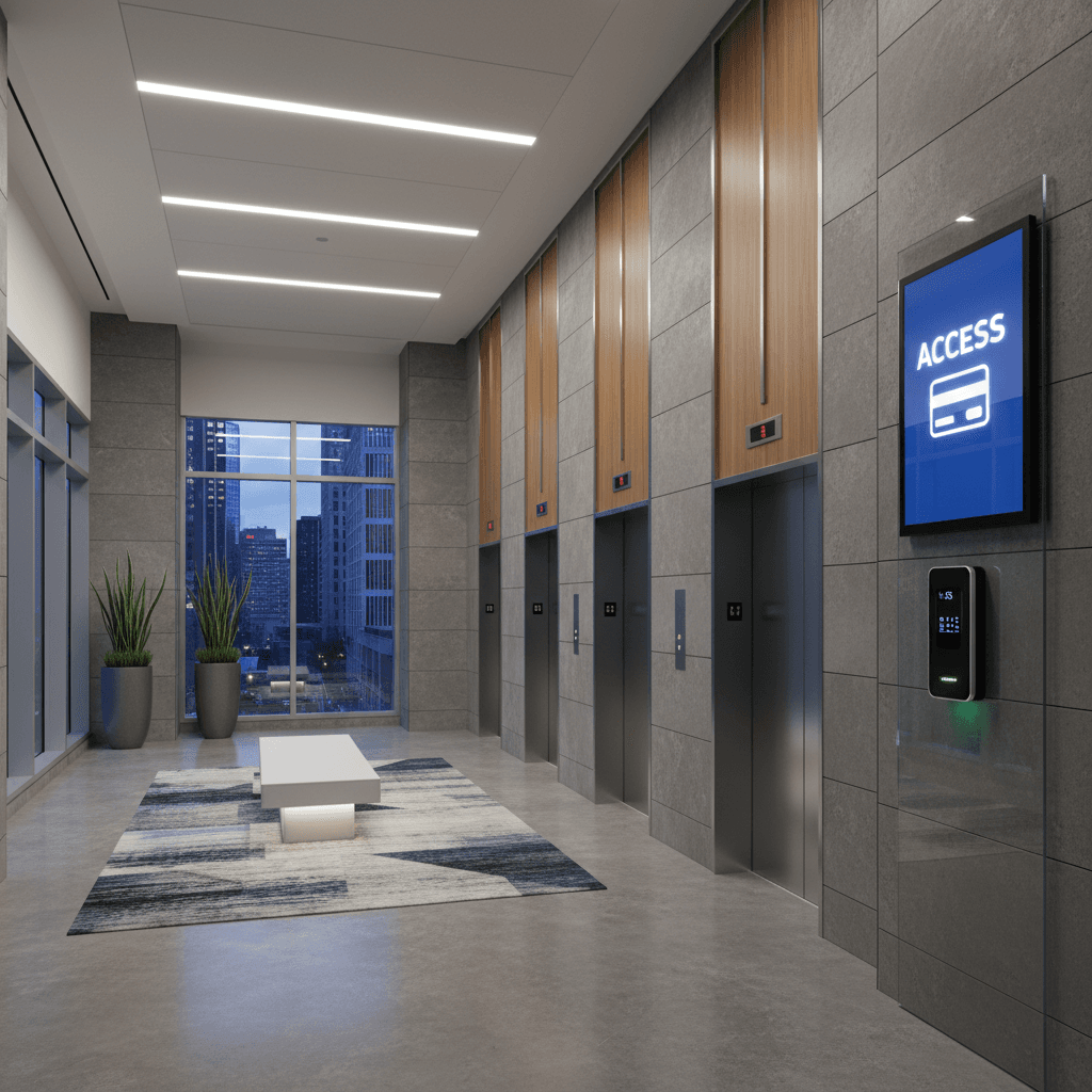 Modern office building elevator lobby with a card access reader