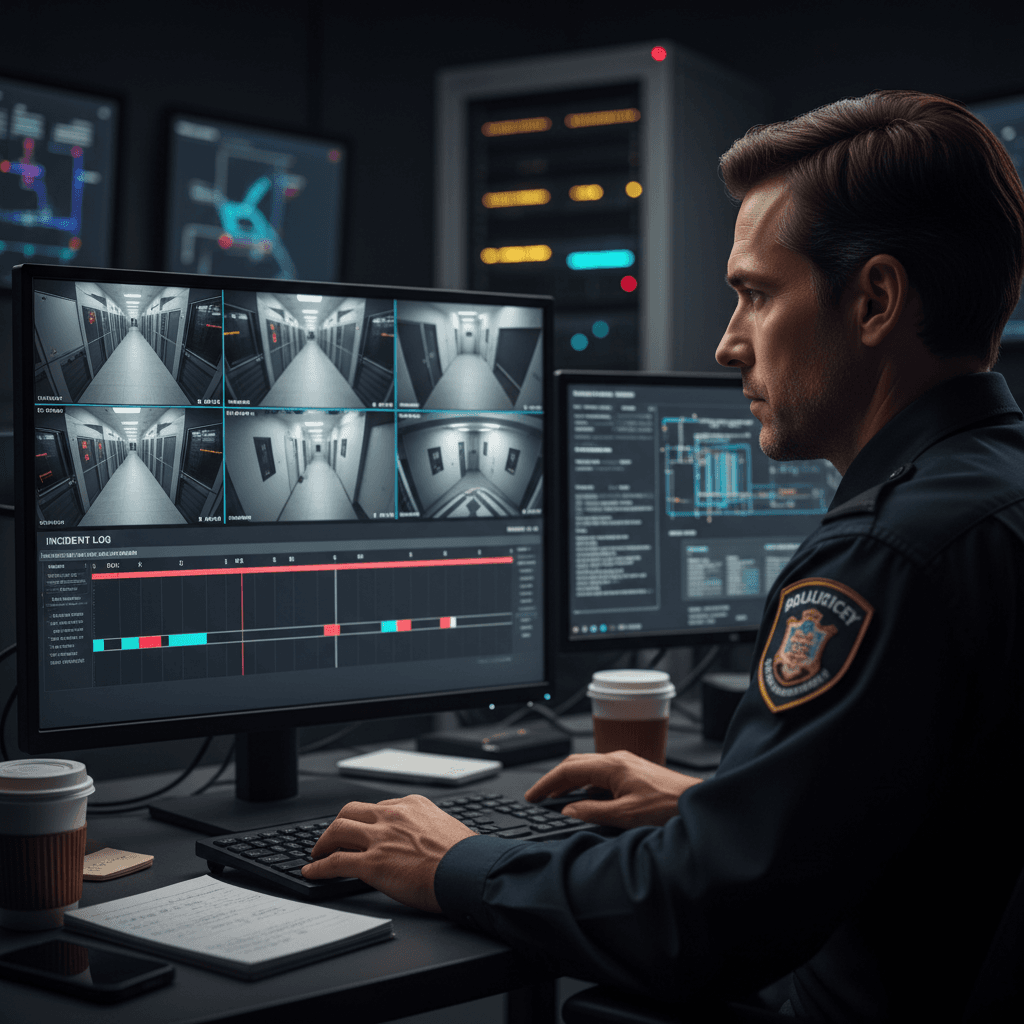 Security professional reviewing video footage on a computer screen in a control room