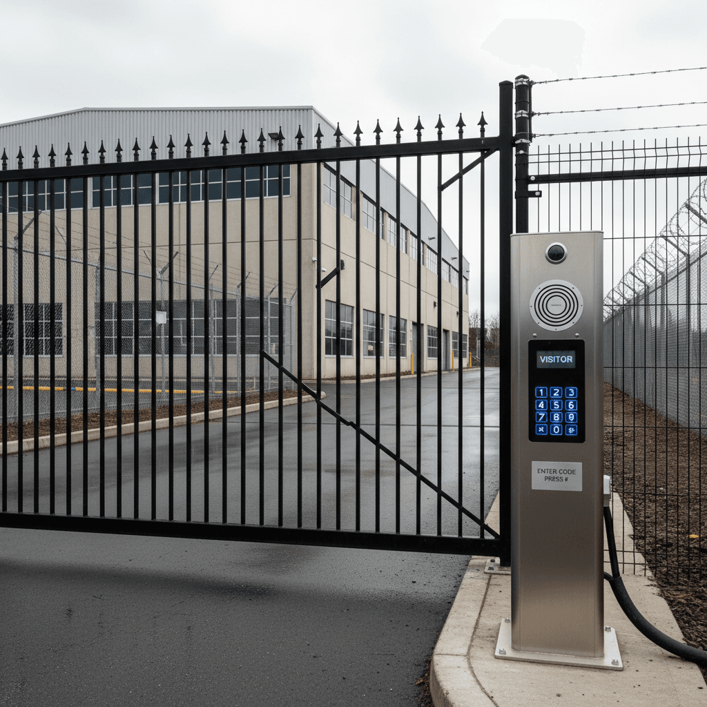 Secure commercial gate with keypad and intercom at an industrial site