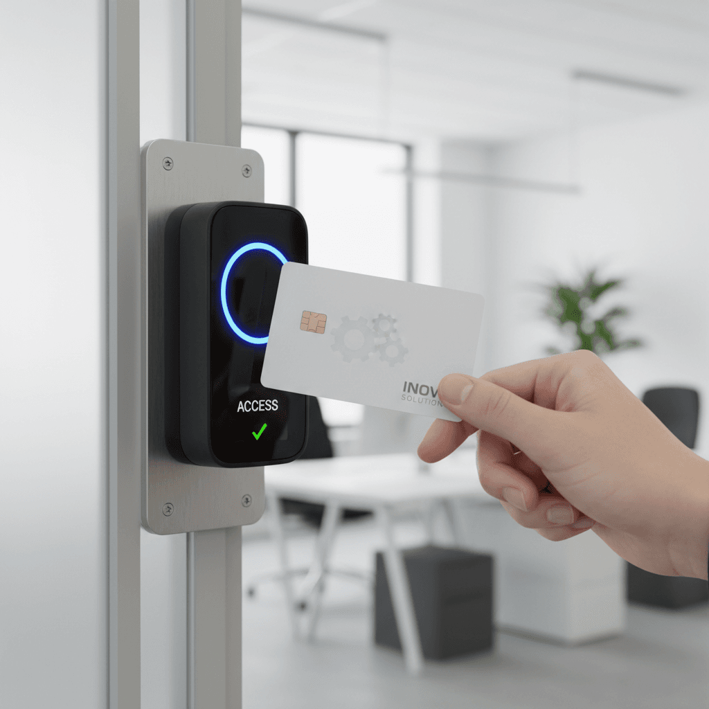 Person tapping a keycard on a modern access control reader at a commercial entrance