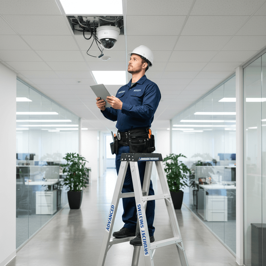 Technician inspecting a security camera mounted on a wall
