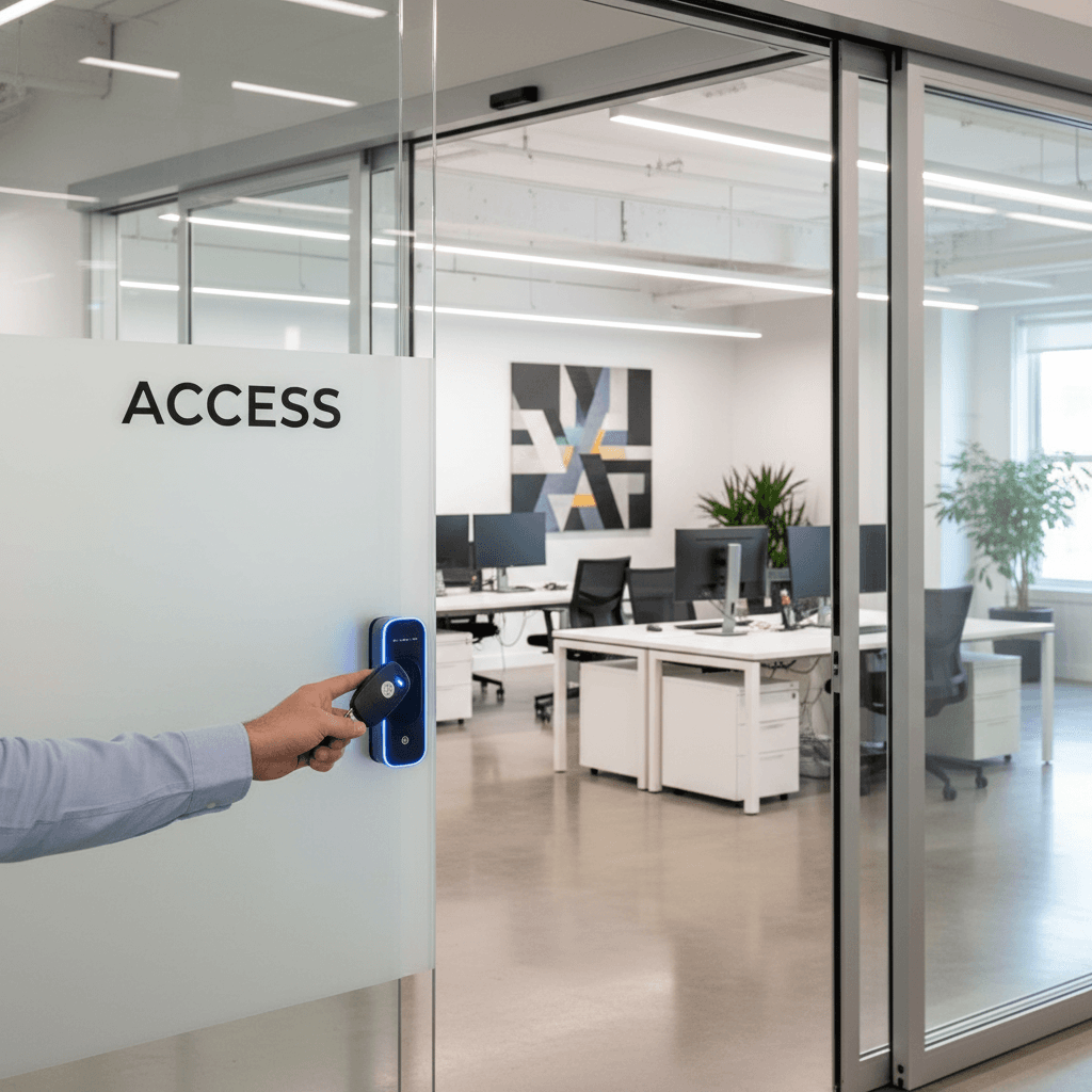 Employee tapping a key fob on a wall-mounted access reader