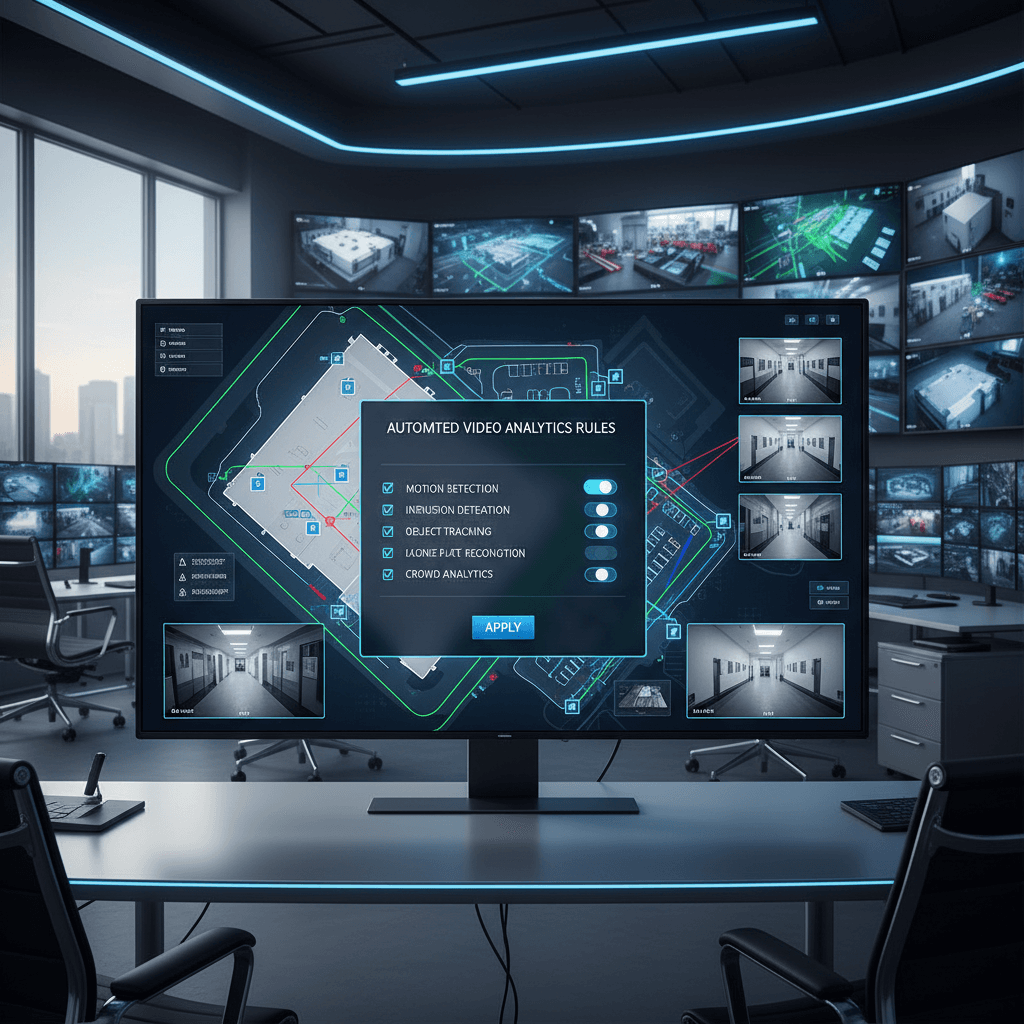 Security control room with a monitor showing video analytics rules and multiple surveillance feeds.