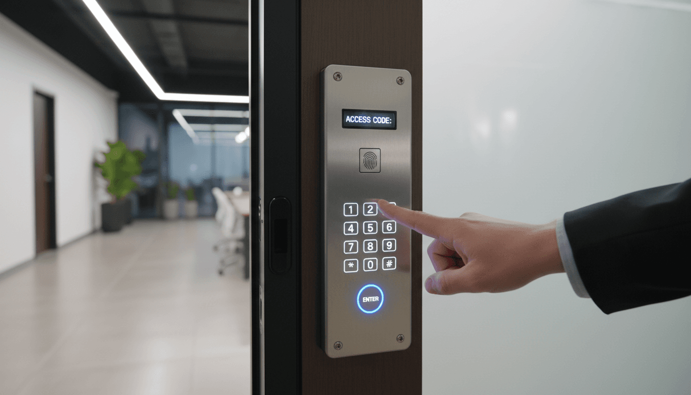 Modern security keypad on a commercial building entrance