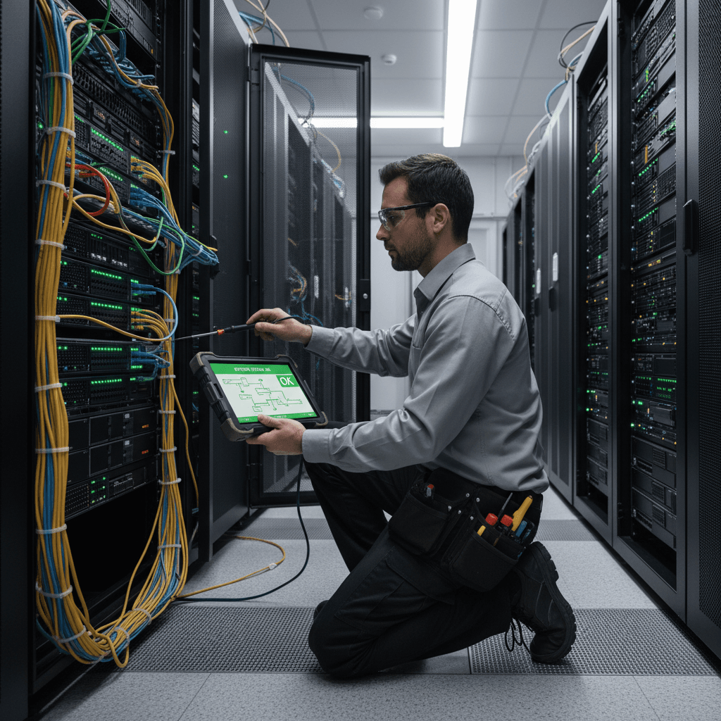 Technician testing intercom wiring and network connections