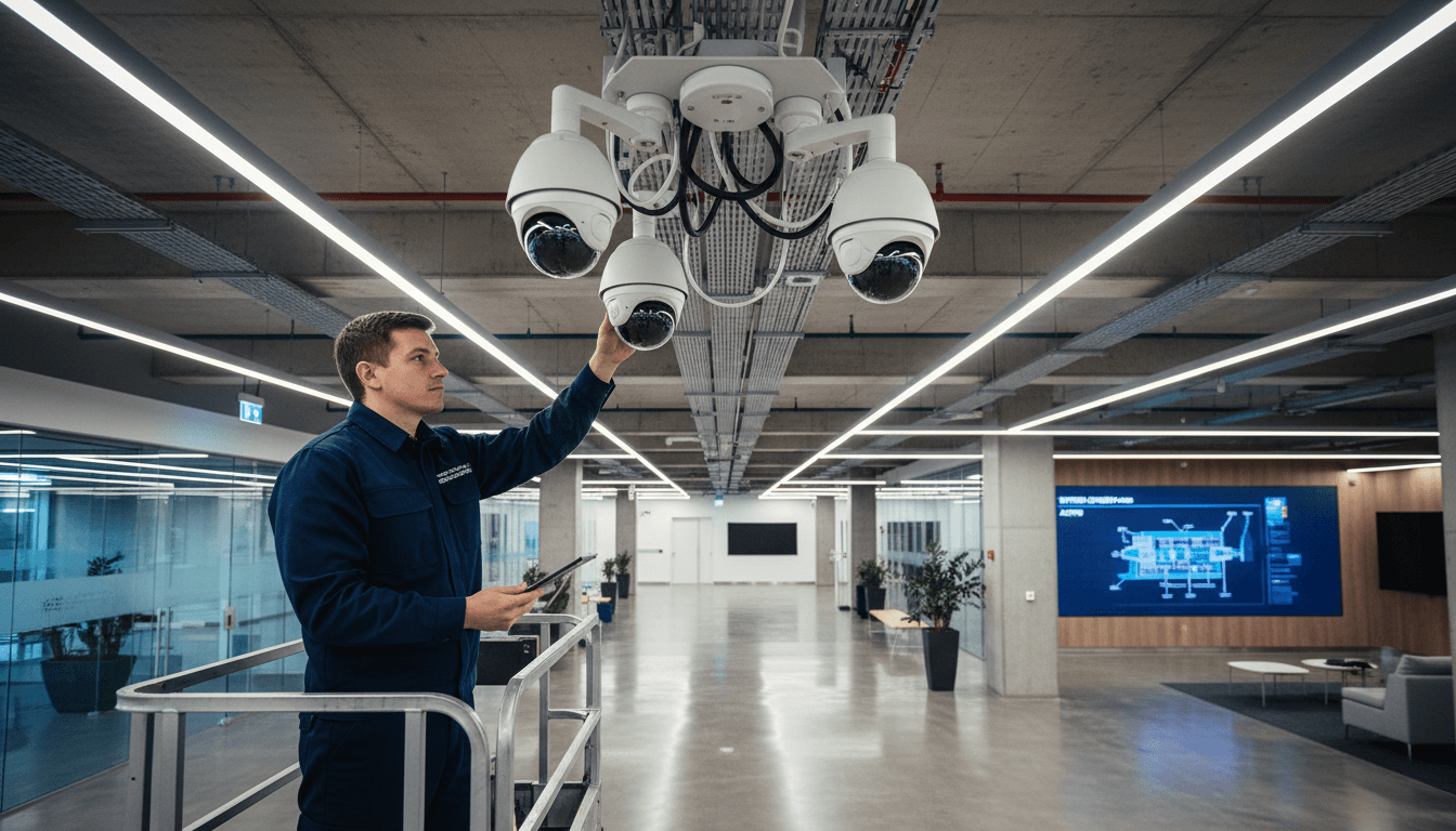 Security technician in uniform inspecting a modern CCTV camera installed high on the wall of a commercial building