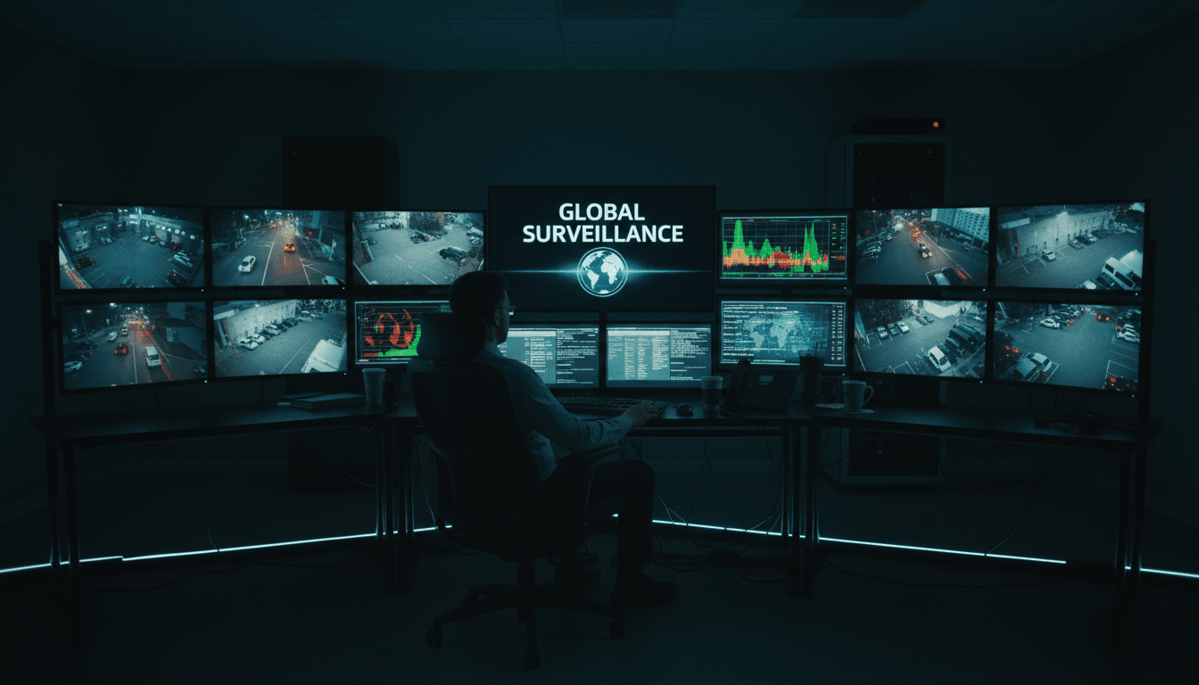 Professional security monitoring station with multiple camera feeds on screens