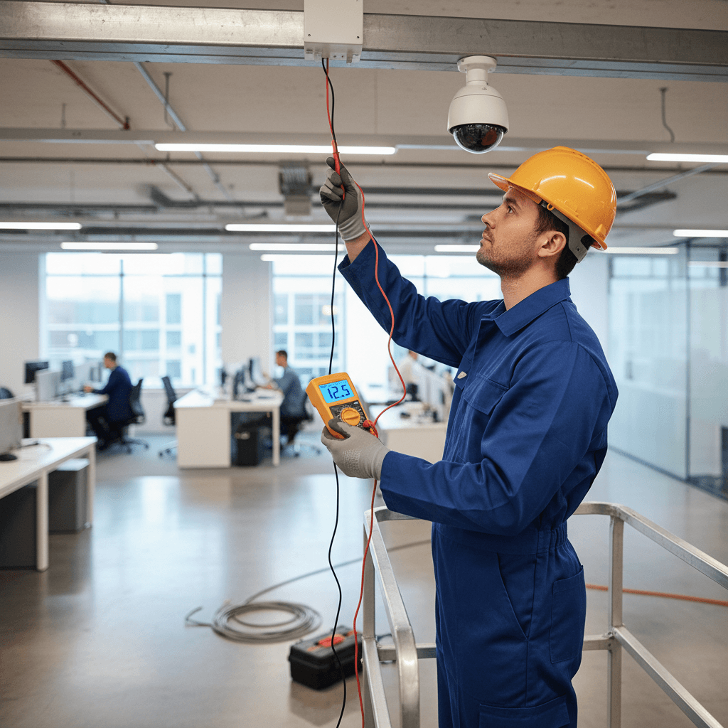 Technician testing a security camera system with a digital multimeter
